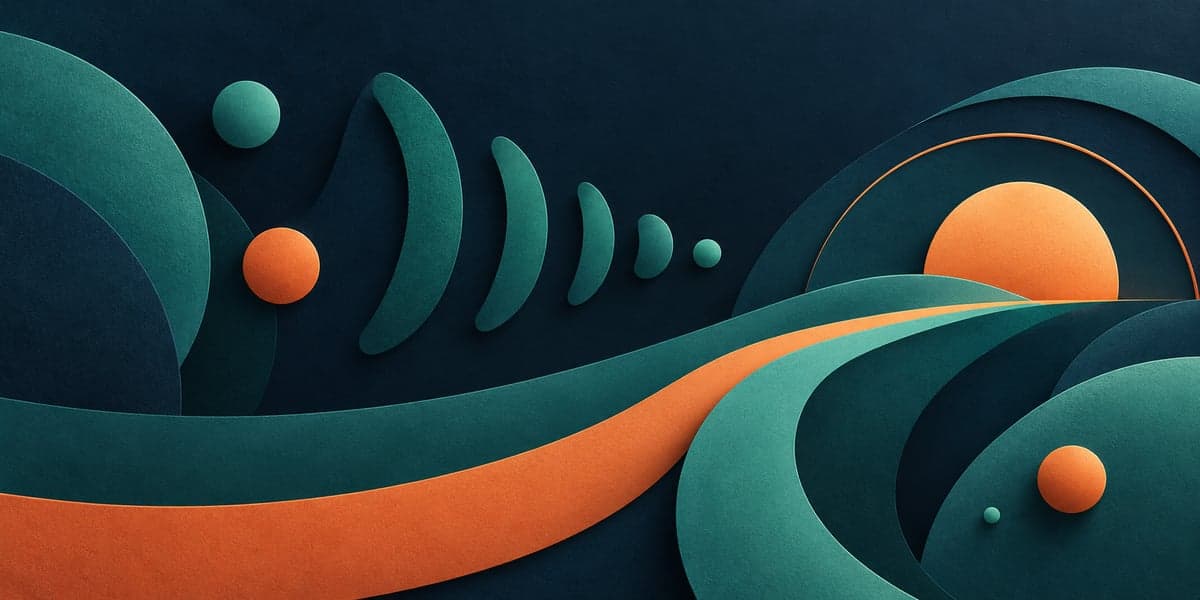Abstract teal sound-wave shapes and orange circles on a dark navy background