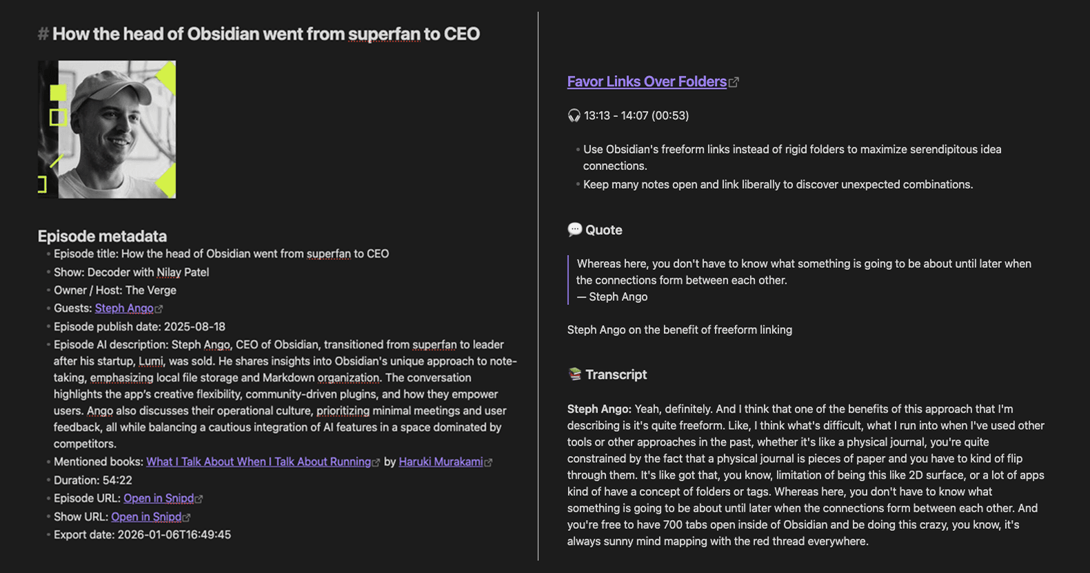 Example of a podcast episode note in Obsidian created by the Snipd plugin with transcript, AI summaries, metadata and more.